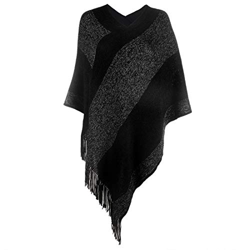 Womens Elegant Knitted Shawl Poncho with Fringed V-Neck