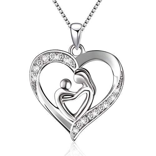 BLOVIN 925 Sterling Mother and Child Heart Pendant Necklace