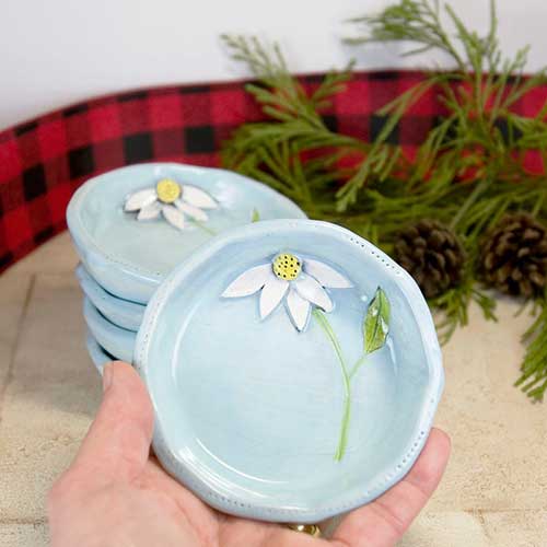 Pottery Dish With 3D Flowers