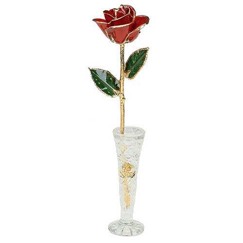 Gold Dipped Real Red Rose with Crystal Presentation Vase