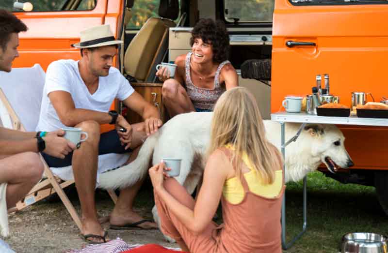 Friends camping near an RV